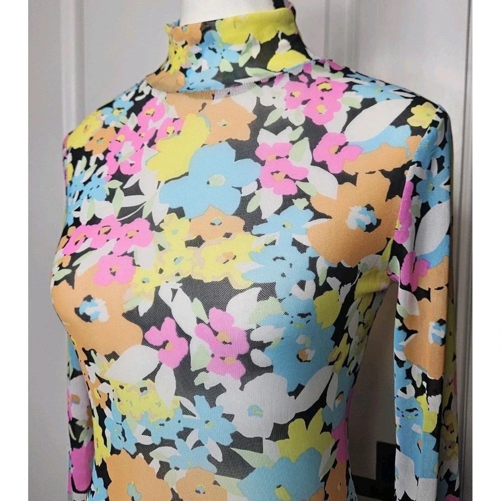 AFRM Mesh Longsleeve Top Stretch Sheer‎ Size Small Floral Y2k Style